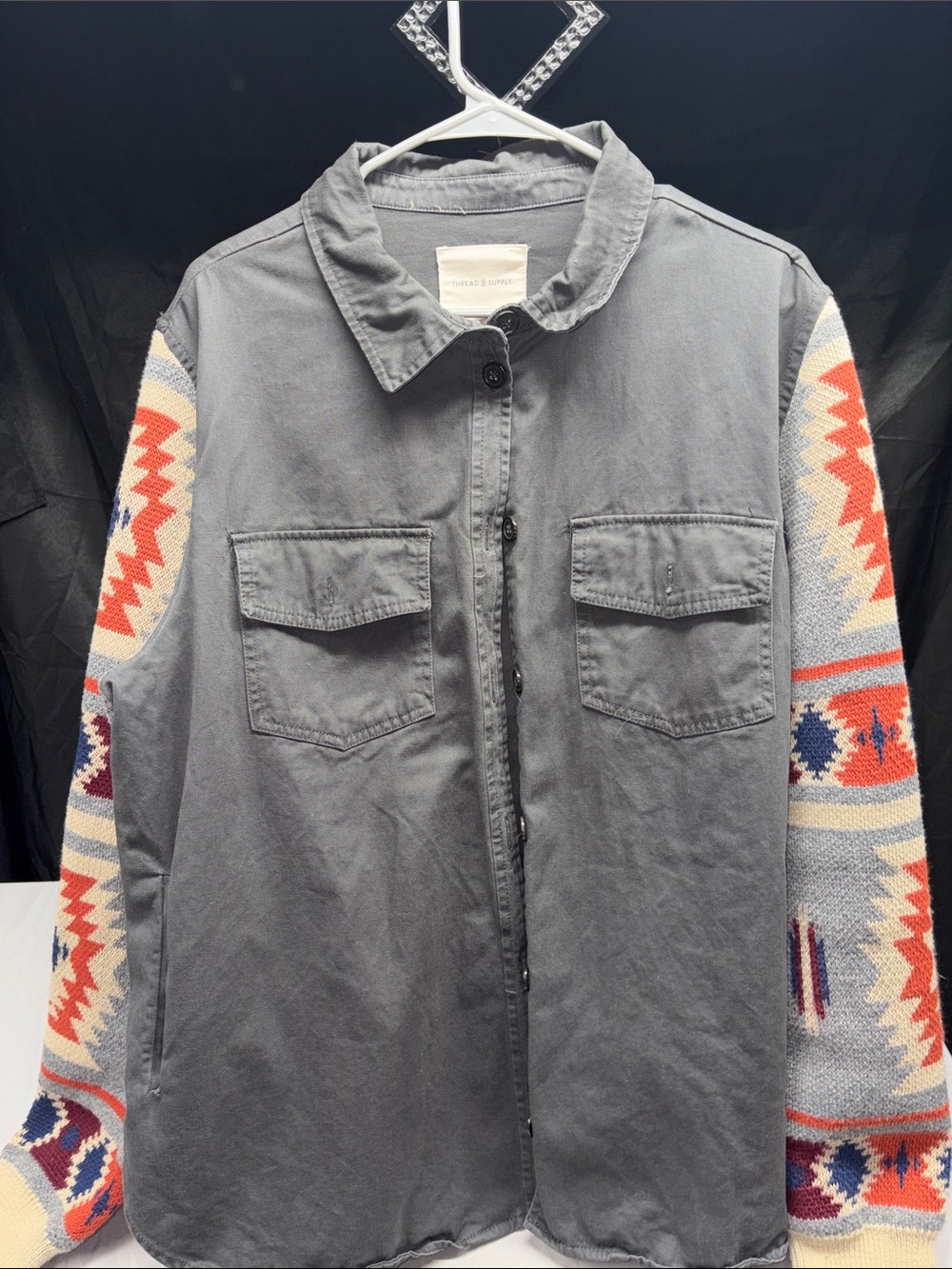 Thread & Supply Gray Utility Jacket with Patterned Sleeves